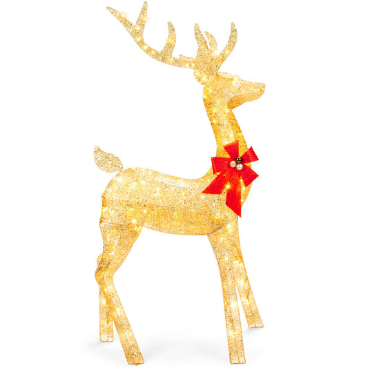 5ft 3D Pre-Lit Gold Glitter Christmas Reindeer Yard Decoration w/ 150 Lights