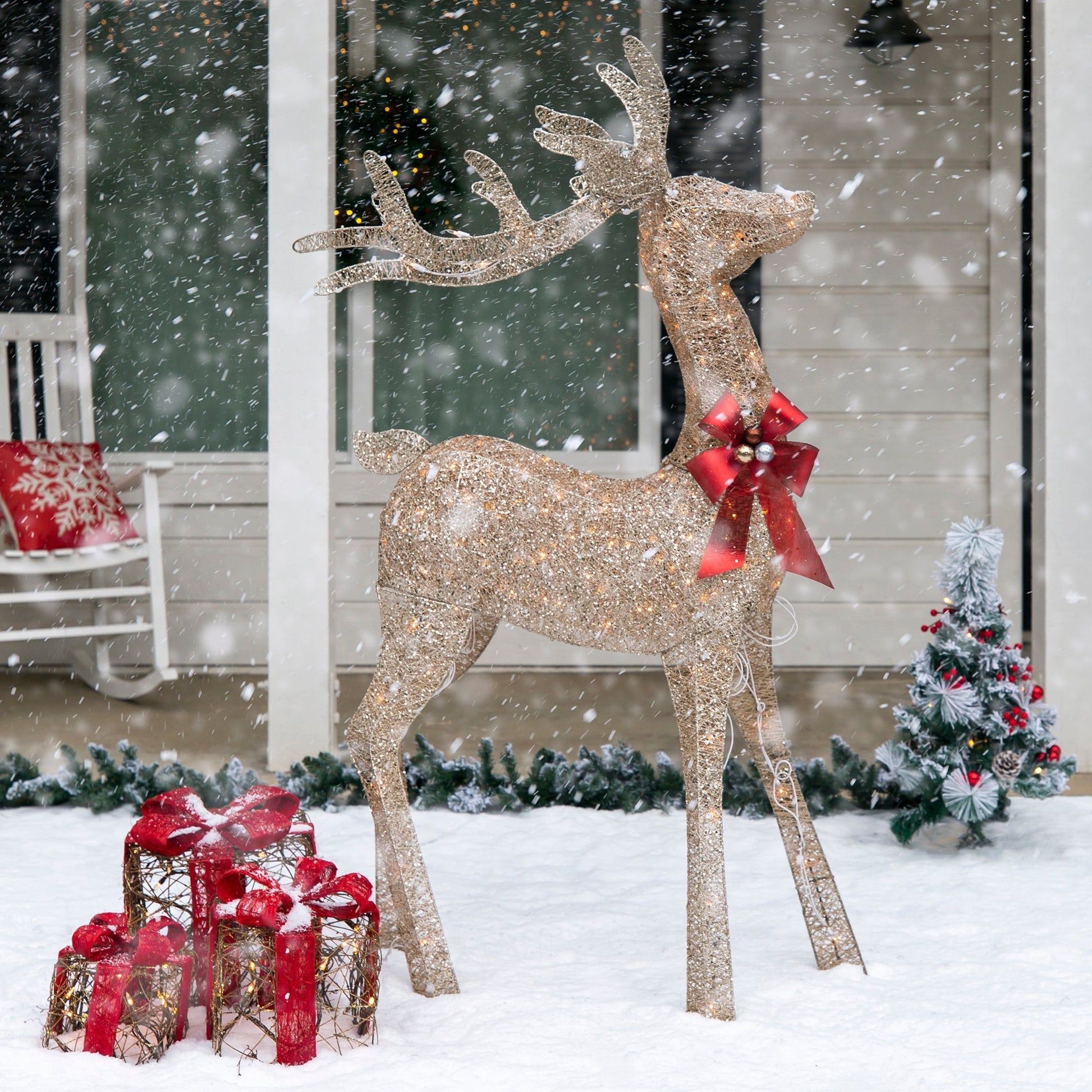 5ft 3D Pre-Lit Gold Glitter Christmas Reindeer Yard Decoration w/ 150 Lights