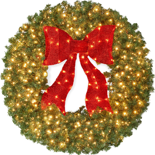 Pre-Lit Artificial Fir Christmas Wreath w/ Red Bow, LED Lights